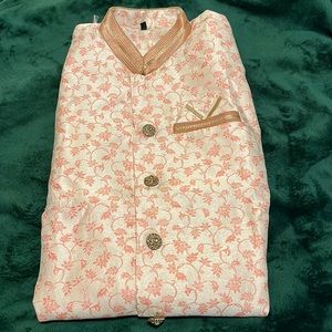 Baby Pink Woven Art Silk Jacquard Asymmetric Sherwani Jacket